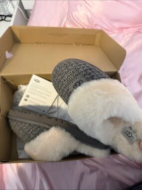 UGG Gray Knit Slippers with Cream Shearling Cuff